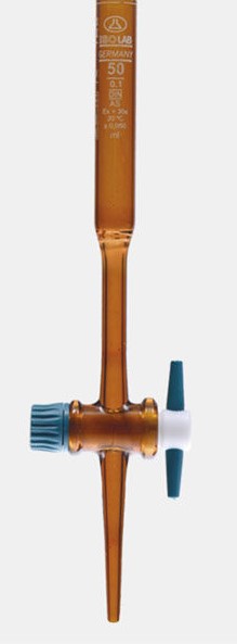 Burettes, 50mL, Straight amber Borosilicated glass burettes, graduated and Manufactured according to