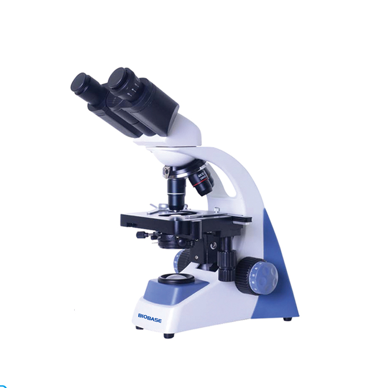 Economical Binocular Microscope. Compensation free  binocular head inclined at 30°, 360° rotatable. 4X, 10X, 40X(Spring), 100X(Spring, Oil)