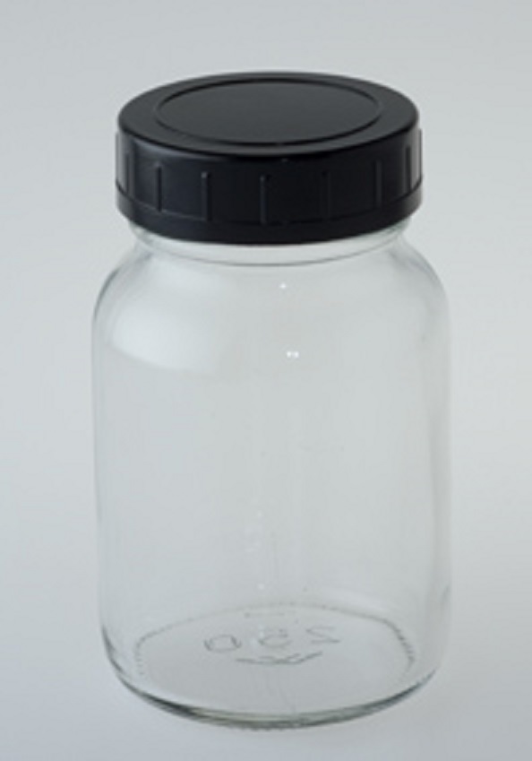 Sample Bottle, 250 ml, wide neck clear glass with black screw Cap. Isolab Germany.