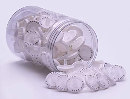 Syringe Filters 0.45 um, first class PTFE chemical resistance against usual aqueous and organic solvents, po