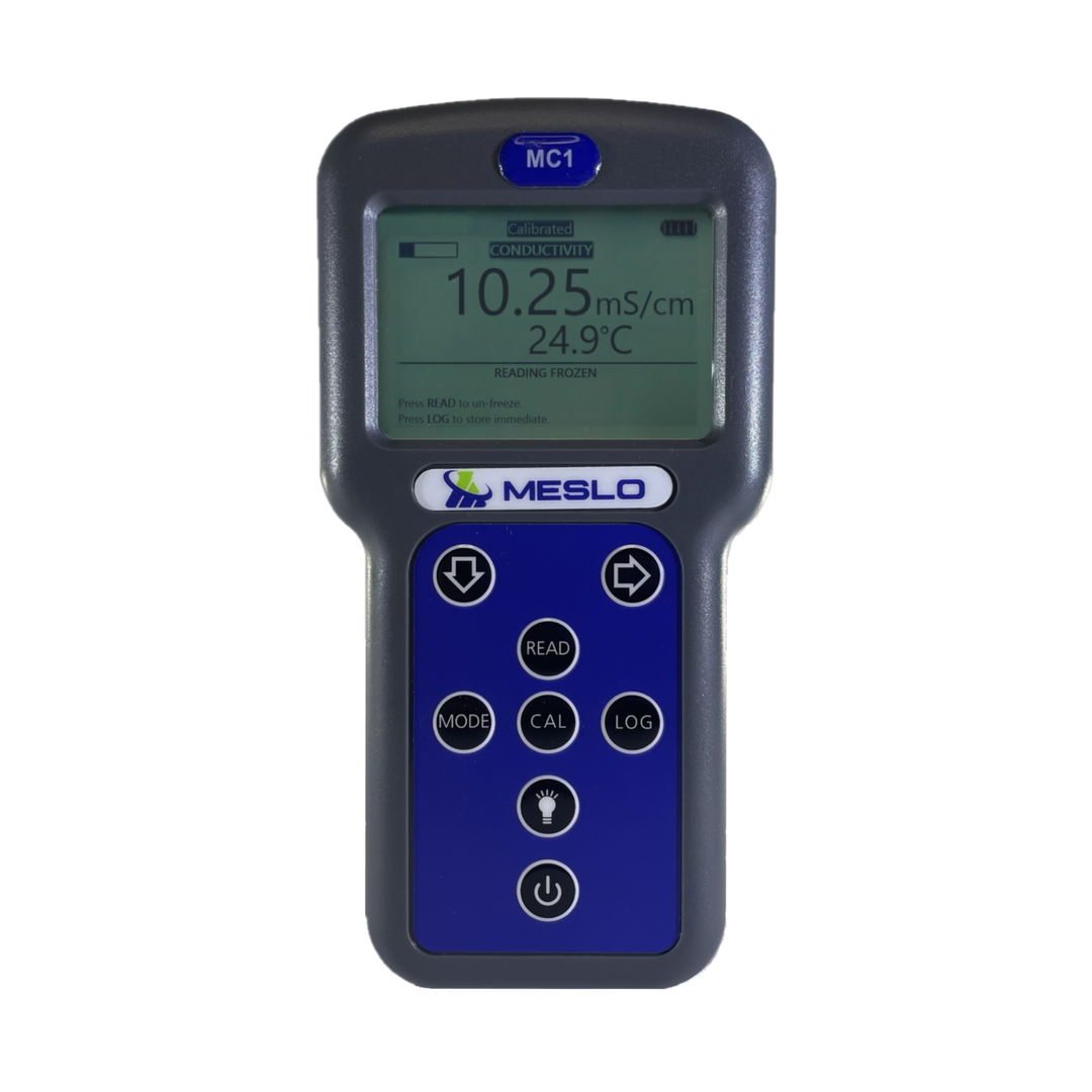 MESLO Portable Conductivity / TDS Meter. Conductivity range 0-999 mS/cm. Auto Calibration and ATC. Tough, Splash-proof and practical