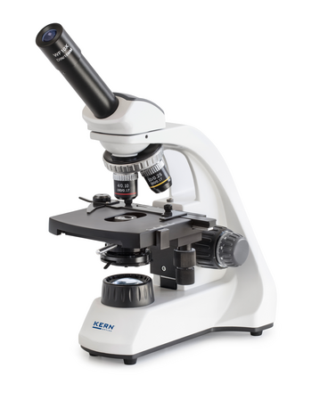 OBT 105 Compound educational microscope, monocular tube, Standard objectives 4×, 10×, 40×, 100× Ocular magnifications 10 x, Kern Germany
