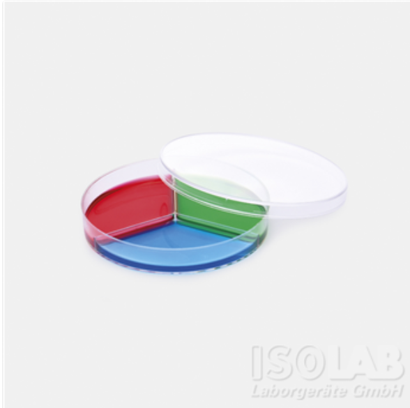 Petri dishes disposable, PS 90x17mm, 3 sections, pk 20 dishes, Isolab Germany.